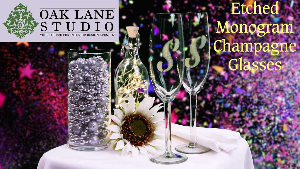 How to Stencil Glass | Etched Monogram Champagne Glasses | Oak Lane Studio