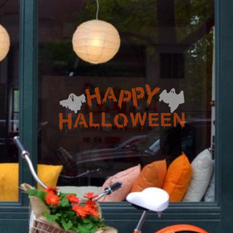 Happy Halloween Message on a Store Window front using a Window Stencil from Oak Lane Studio