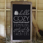 Hello Cozy Pumpkins on a Chalkboard