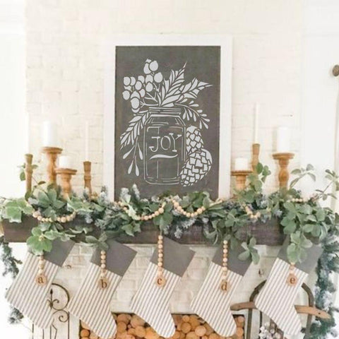 Holiday Mason Jar Craft Stencil Over Fireplace