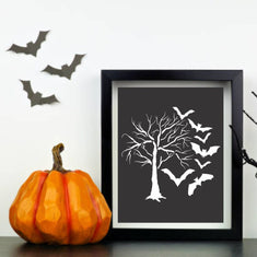 Halloween Haunted Tree and Bats Wall Stencil In Frame