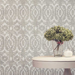 Burmese Ikat Wall Stencils in grey with cream table