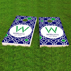 Customize the Designer Holmby Hills Monogram and Name Cornhole Board Stencil and paint your own cornhole board!