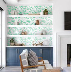 Bamboo Paradise wall stencils painted in bookcase.